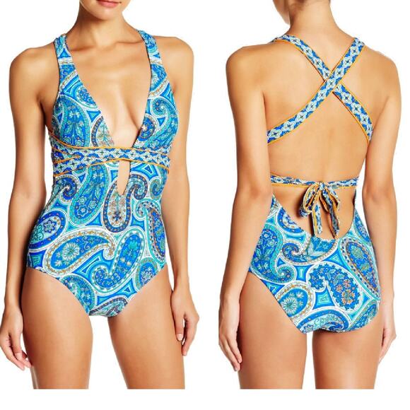 Trina Turk Other - TRINA TURK Provence Paisley One-Piece Halter Swimsuit Size 8  Blue Strappy